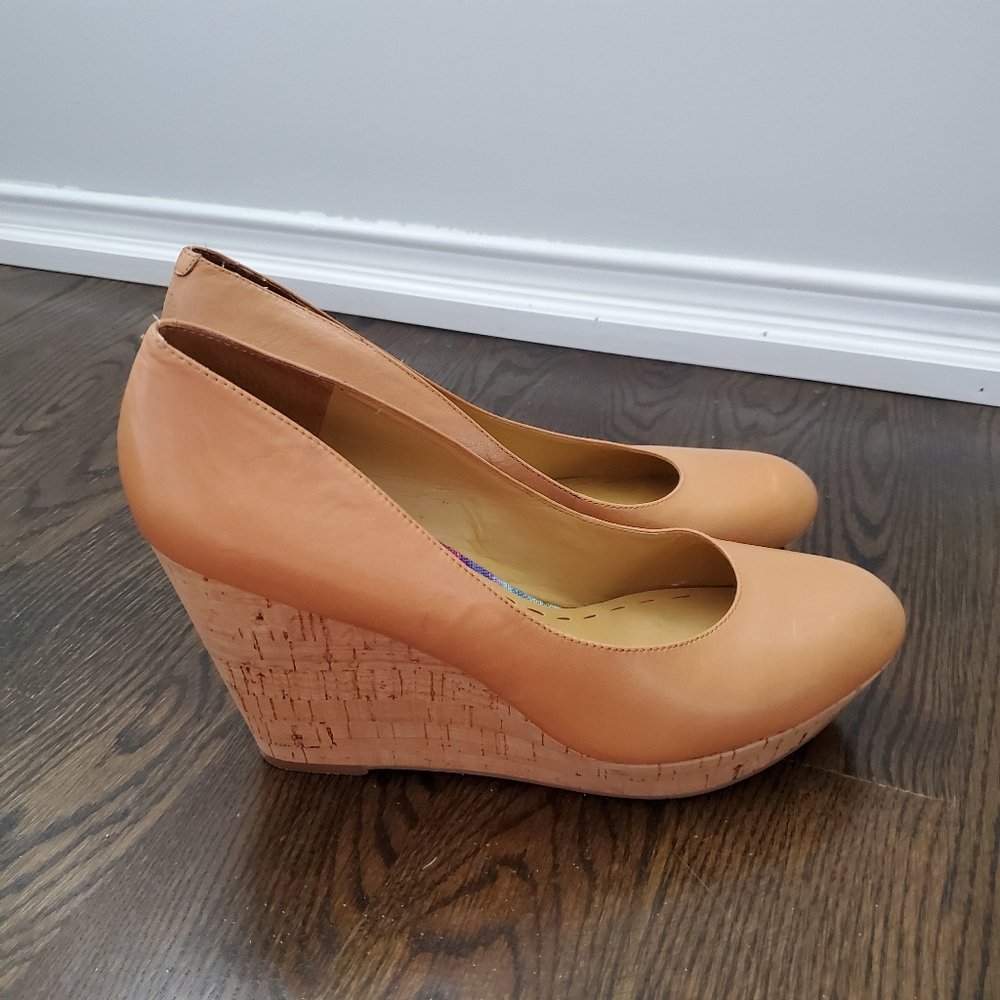 Nine West Nude Tan Cork Wedge Pumps